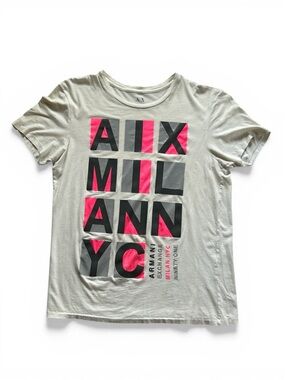 Armani Exchange White Graphic Tee with Pink and Gray Blocks